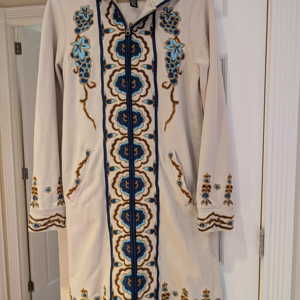 Lucky Brand Hoodie Womens Smal Cream Embroidered Zip Up Floral Boho Festival Ja